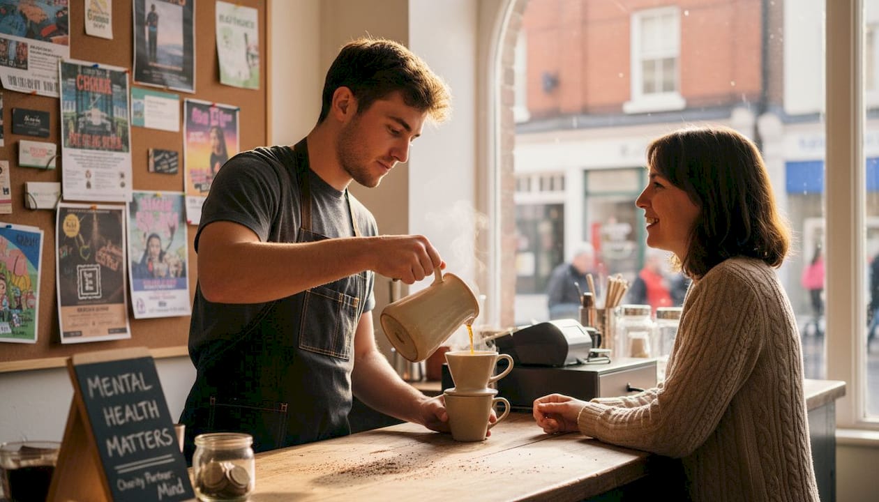 Barista supporting mental health in coffee shop