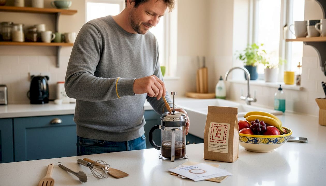 Man preparing specialty charity coffee at home