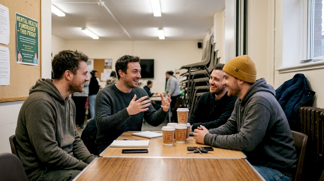 Group of men talking at community coffee event