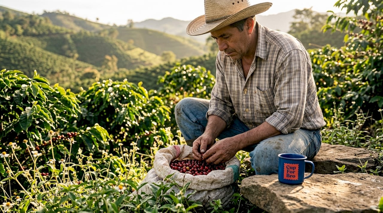 Coffee farmer sorting cherries in field