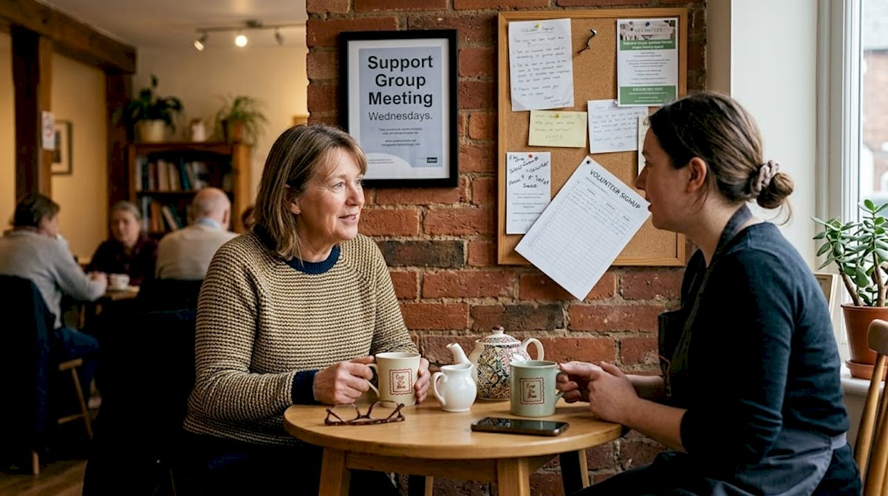 Conversation in café corner with community support feel