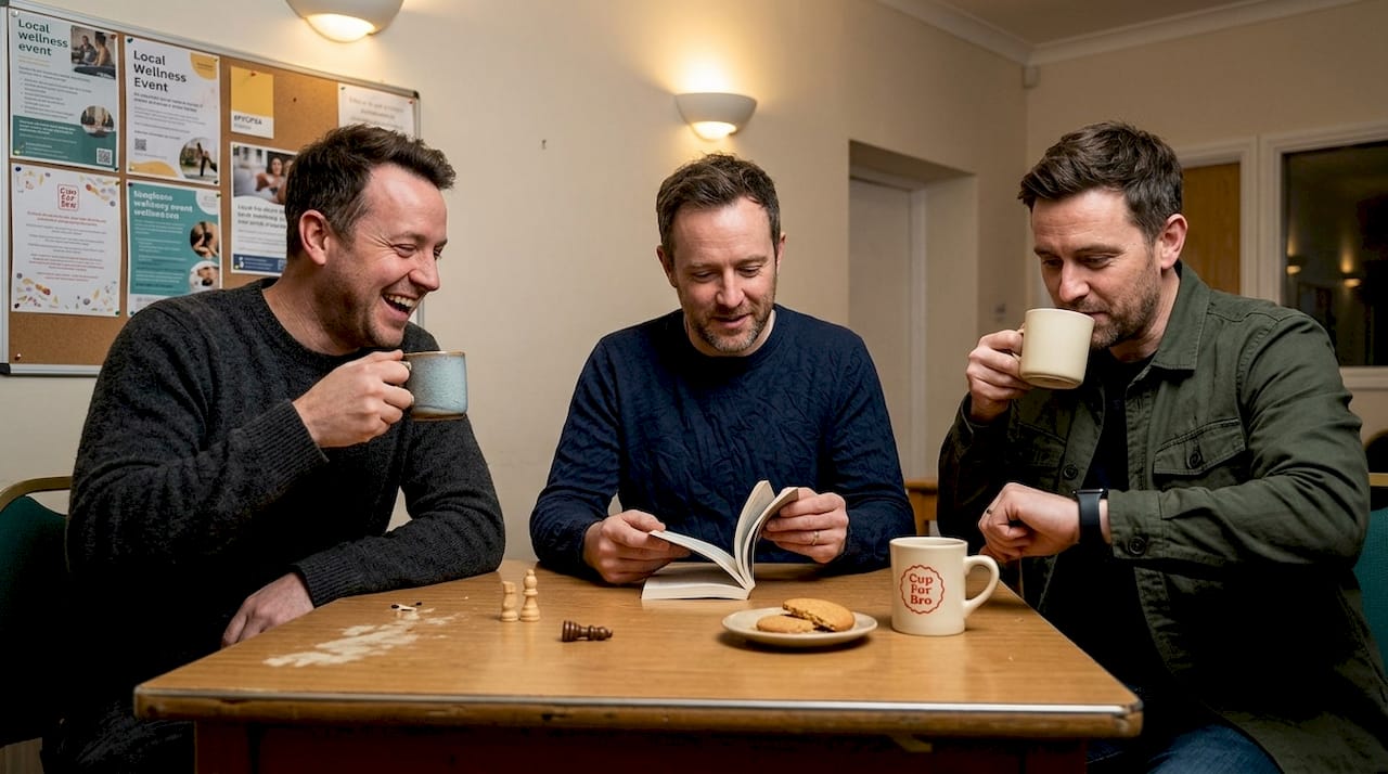 Men sharing coffee and conversation, community lounge