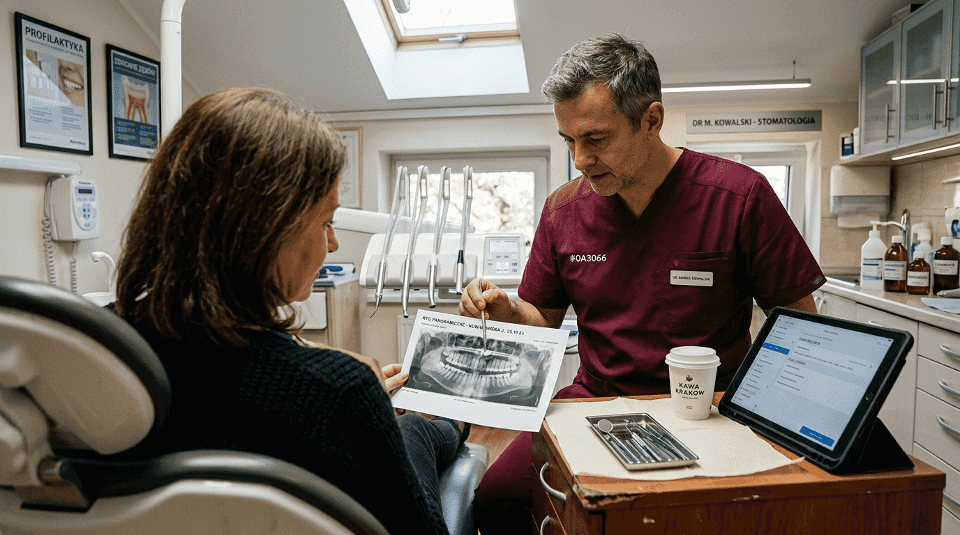 Stomatolog omawia z pacjentem wyniki zdjęcia rentgenowskiego zębów.