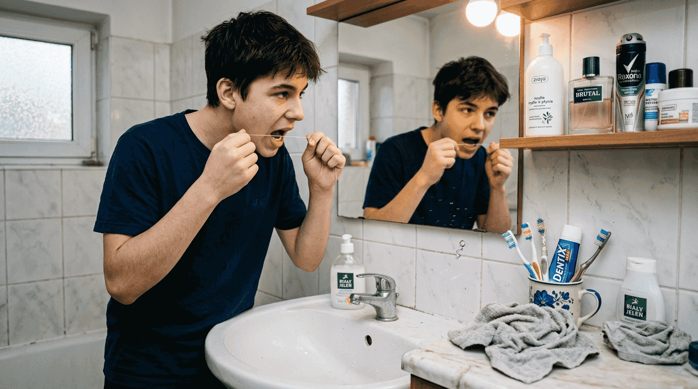 Nastolatek czyści zęby nicią dentystyczną w swojej łazience.