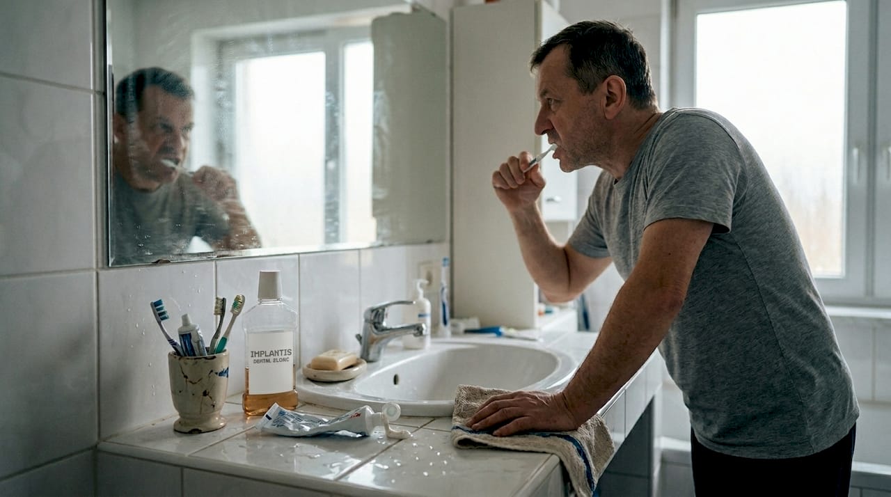 Poranna i wieczorna higiena jamy ustnej przy umywalce to codzienny rytuał, który pomaga zadbać o zdrowie zębów.