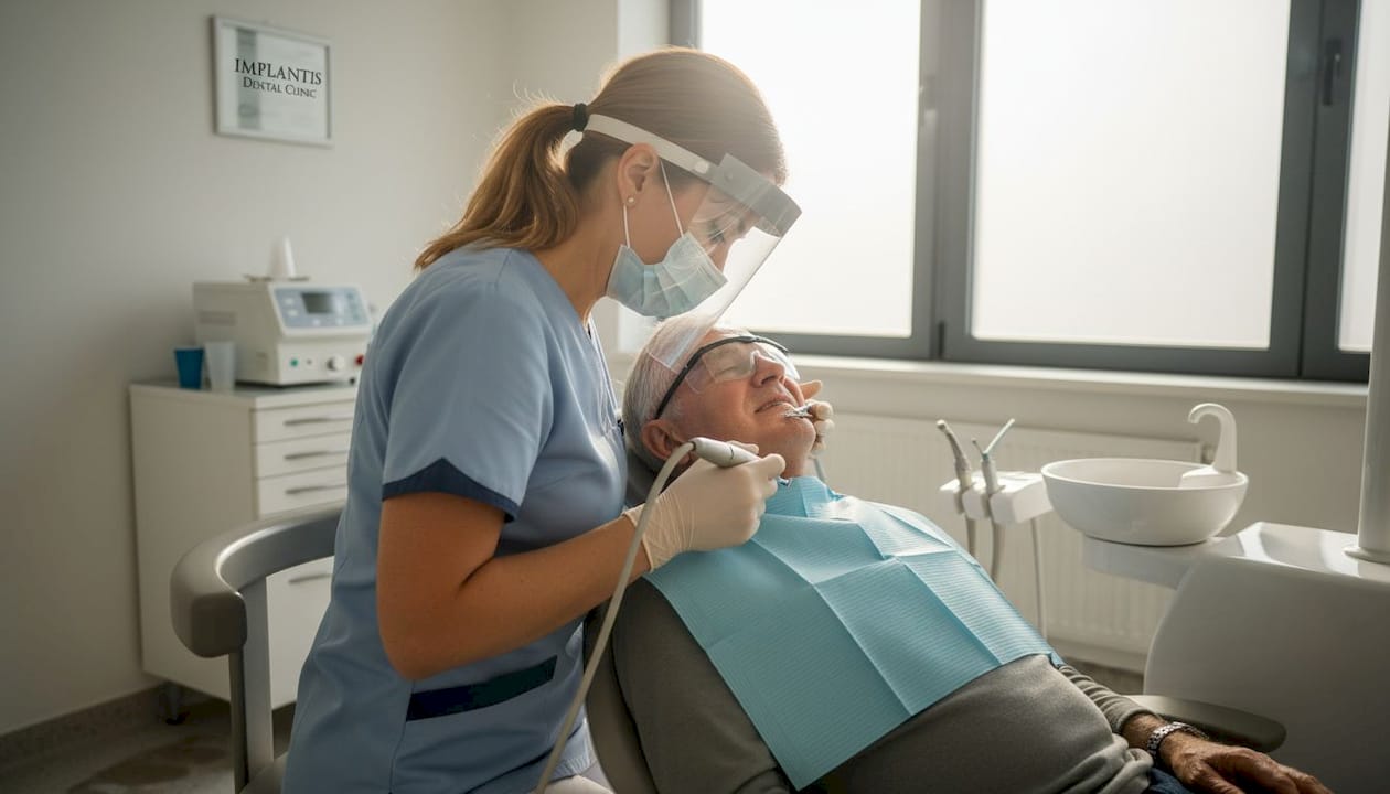 Higienistka stomatologiczna wykonuje zabieg higienizacji zębów u starszego pacjenta.