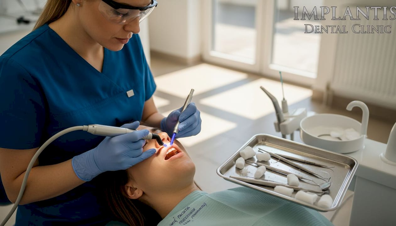 Dentysta zakłada pacjentowi wypełnienie kompozytowe.