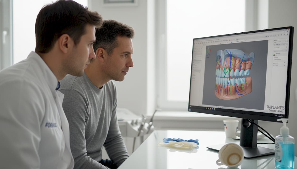 Stomatolog pokazuje pacjentowi wizualizację planowanego leczenia nakładkami Invisalign.