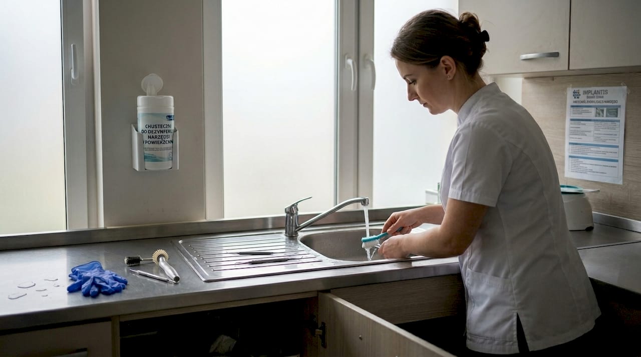 Po zakończonym zabiegu higienistka dokładnie dezynfekuje wszystkie narzędzia.