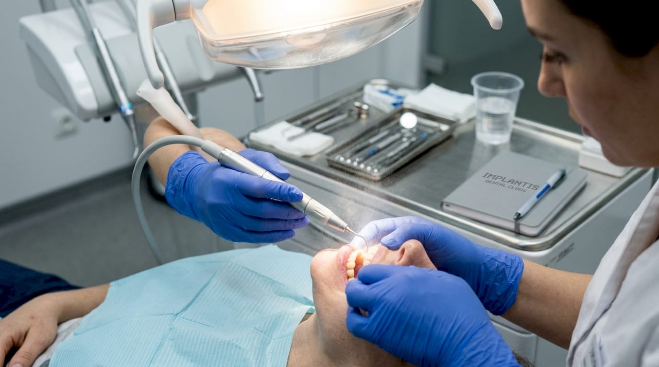 Ultradźwiękowe usuwanie kamienia nazębnego przeprowadzone przez stomatolożkę