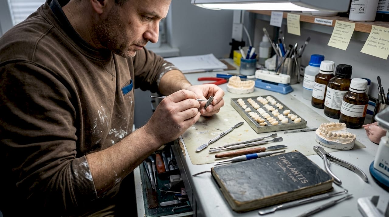 Technik dentystyczny dokładnie sprawdza implant tytanowy.