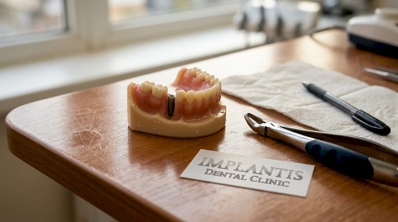 Model implantu stomatologicznego oraz narzędzia używane podczas zabiegów – widok z bliska