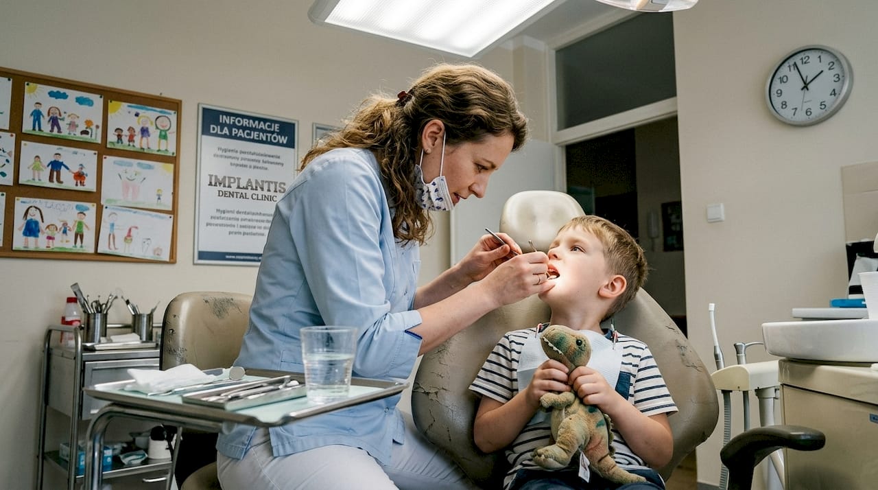 Pani stomatolog zagląda do buzi małego pacjenta, żeby sprawdzić stan jego zębów.