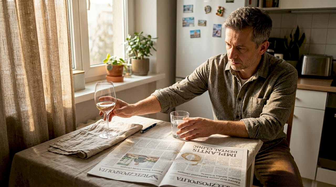 Mężczyzna przed wizytą u dentysty decyduje się na wodę zamiast wina.