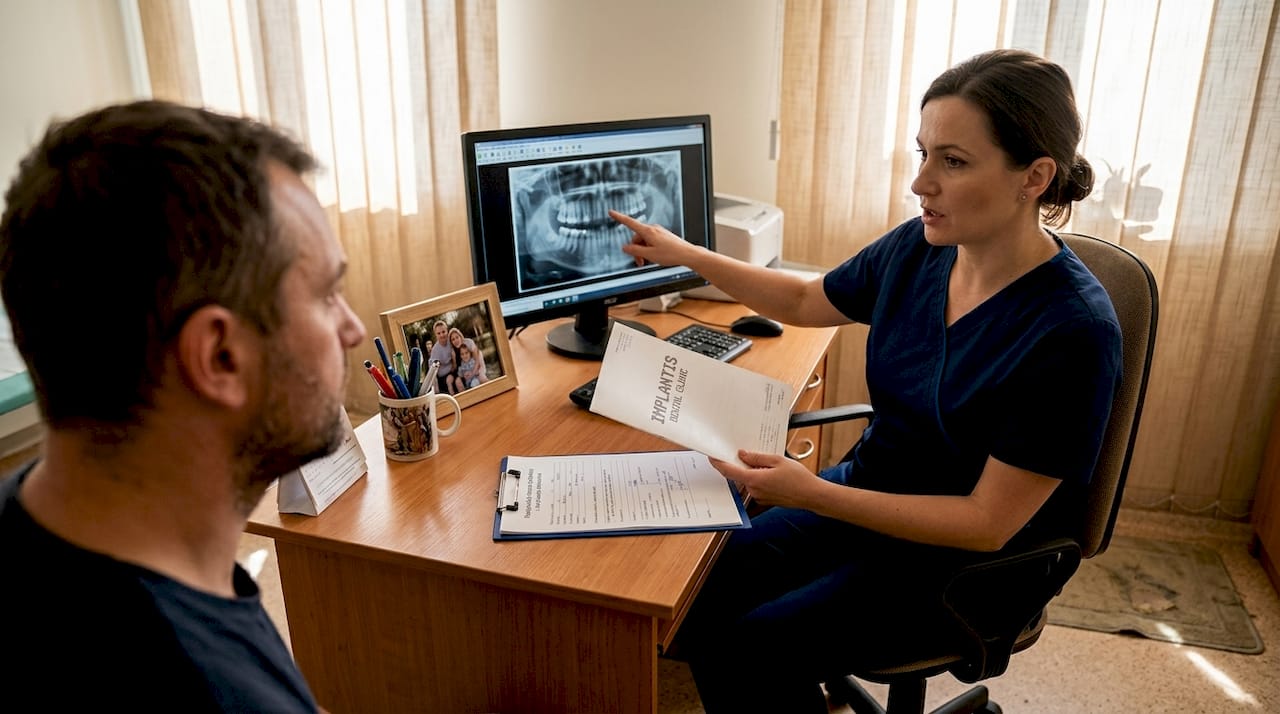 Pacjent podczas konsultacji stomatologicznej rozmawia z dentystą przy biurku.