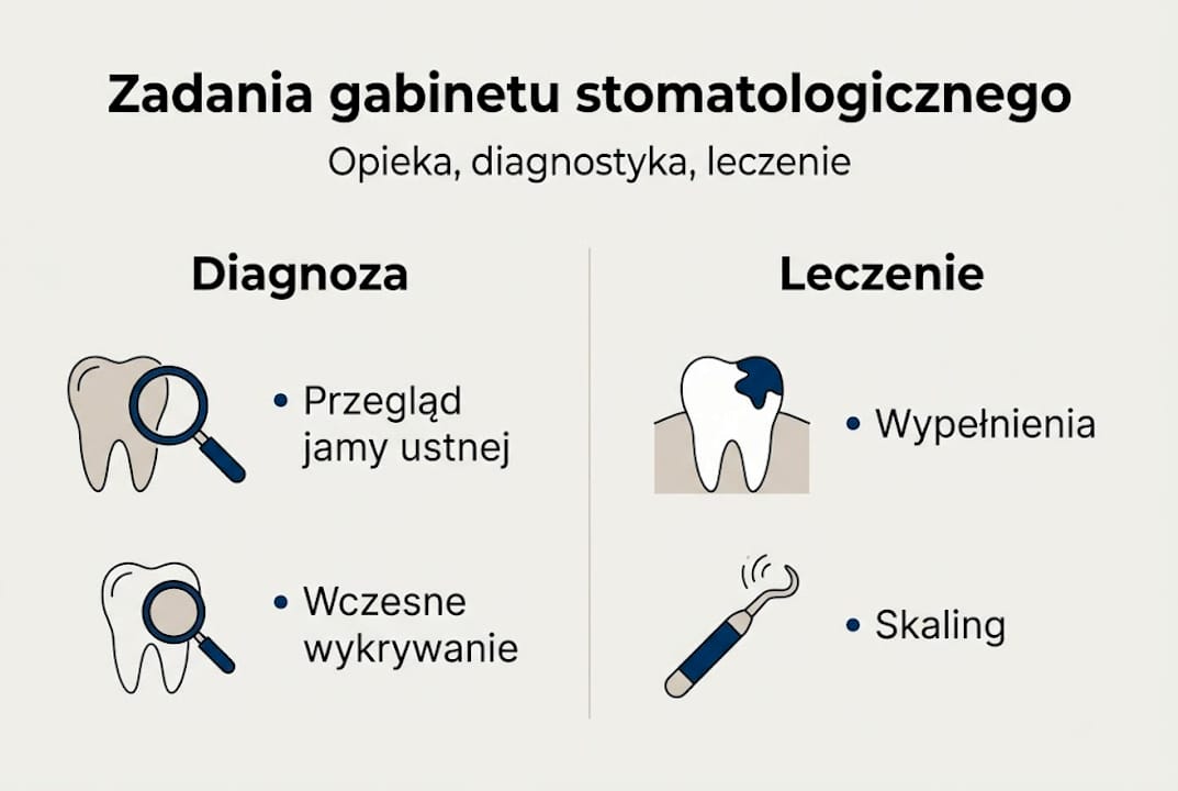 Grafika przedstawiająca najważniejsze obowiązki i zakres pracy gabinetu dentystycznego