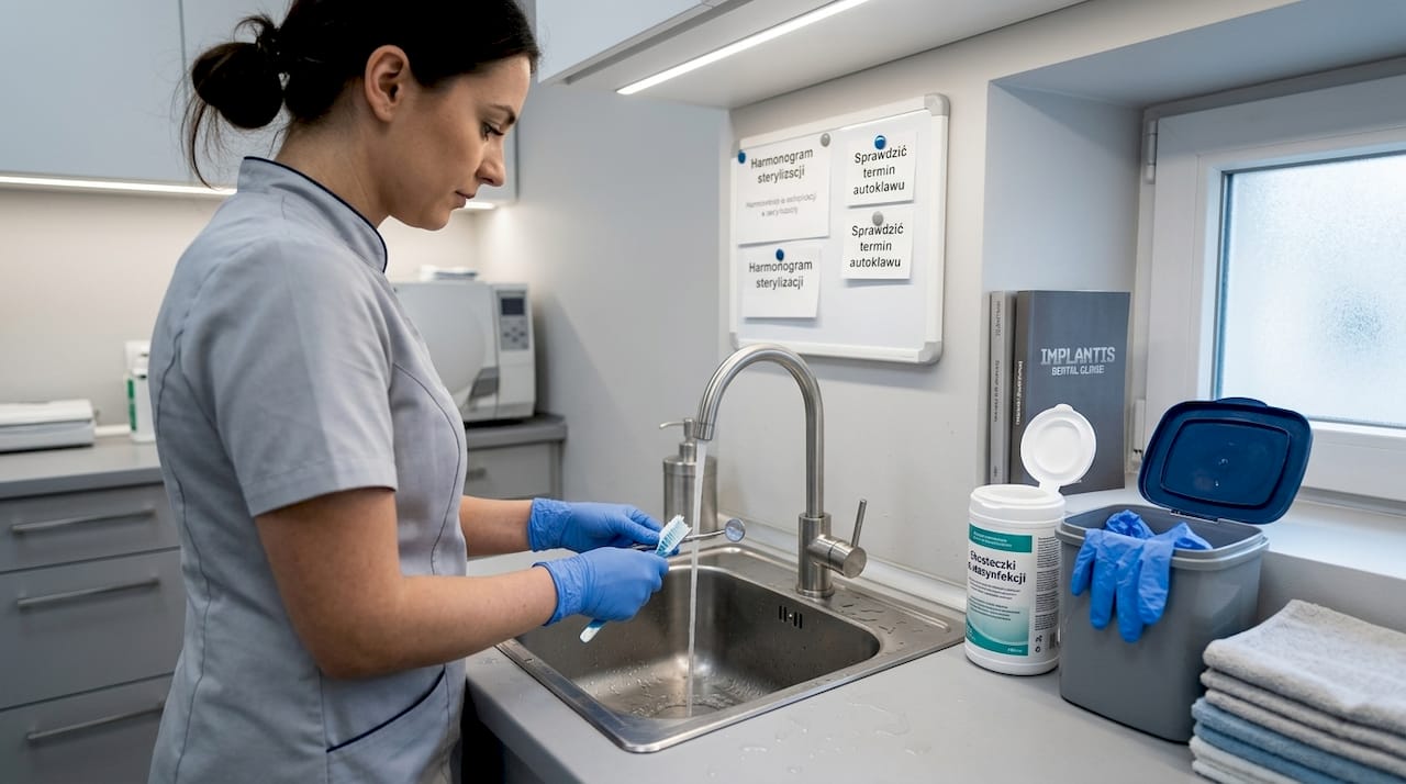 Asystentka dba o czystość narzędzi w gabinecie.