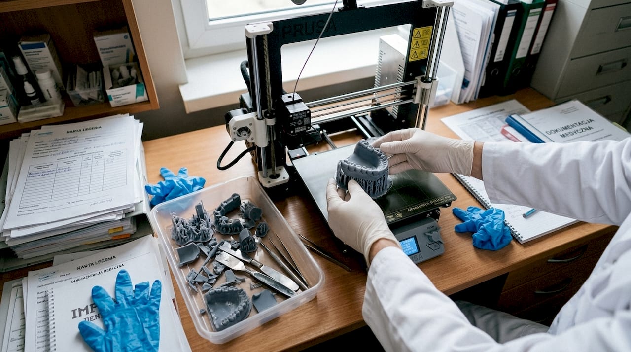 Zdejmowanie wydrukowanego modelu szczęki z platformy drukarki 3D