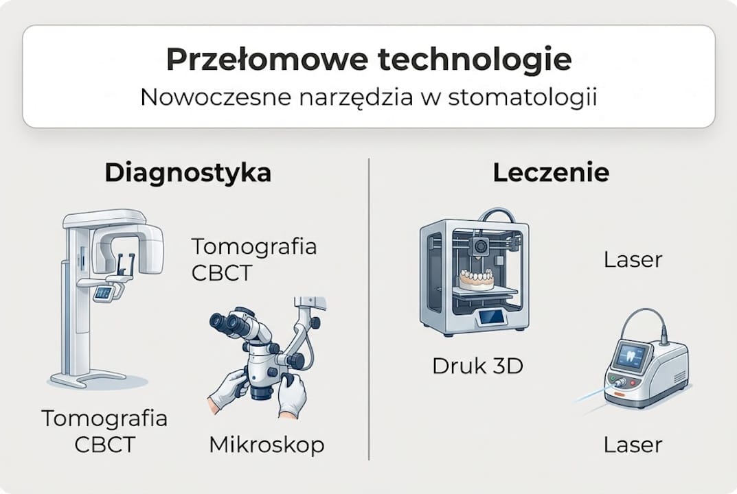 Infografika przedstawiająca nowoczesne technologie wykorzystywane w stomatologii