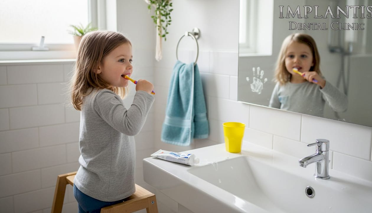 Mała dziewczynka sama myje zęby w łazience.