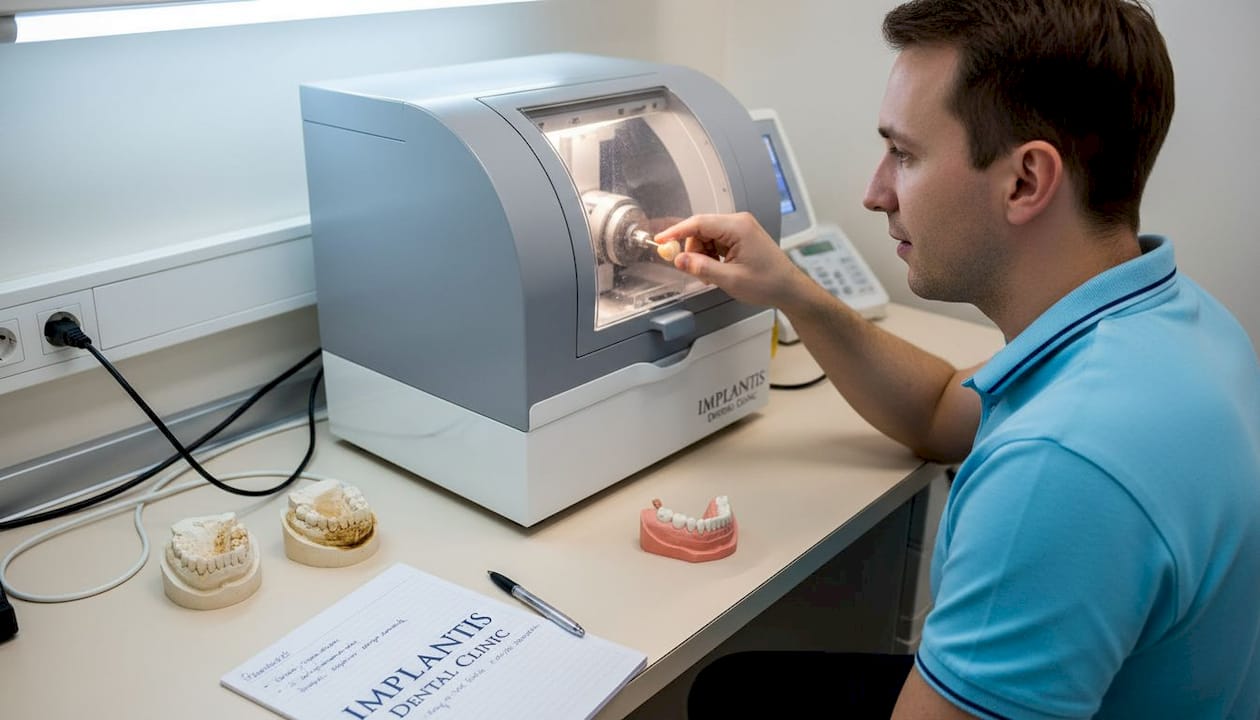 W laboratorium technik pracuje na systemie CAD/CAM, dbając o sprawny przebieg całego procesu.