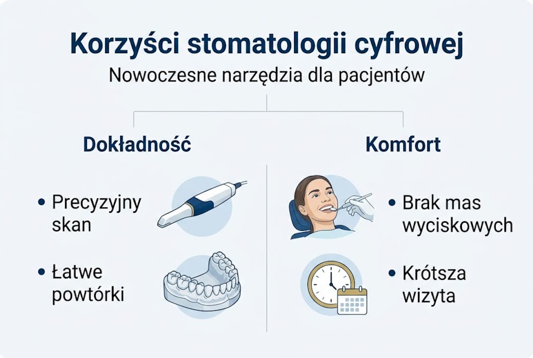 Na infografice pokazano, jakie zalety niesie ze sobą stomatologia cyfrowa.