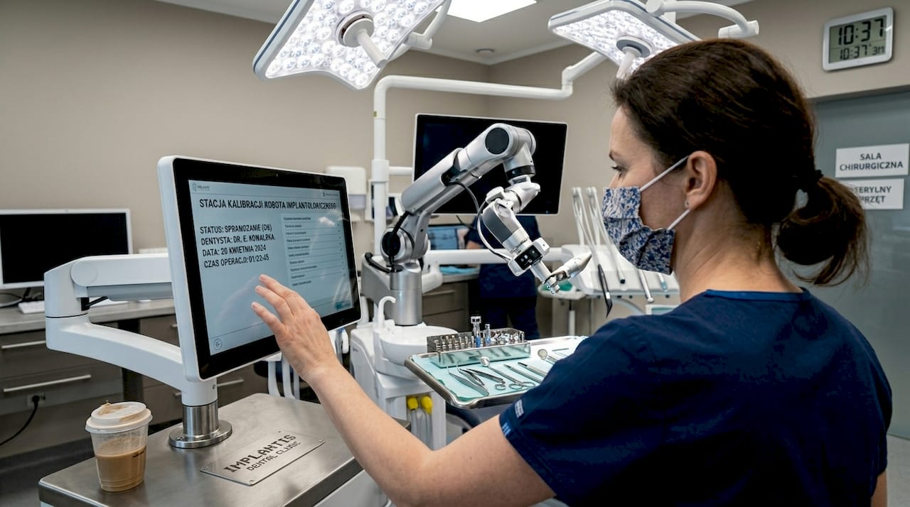 W jednym z krakowskich gabinetów chirurg steruje nowoczesnym robotem stomatologicznym.