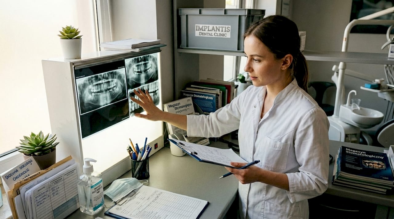 Higienistka stomatologiczna uważnie ogląda zdjęcia rentgenowskie, aby sprawdzić, czy nie pojawiły się próchnicowe ubytki.