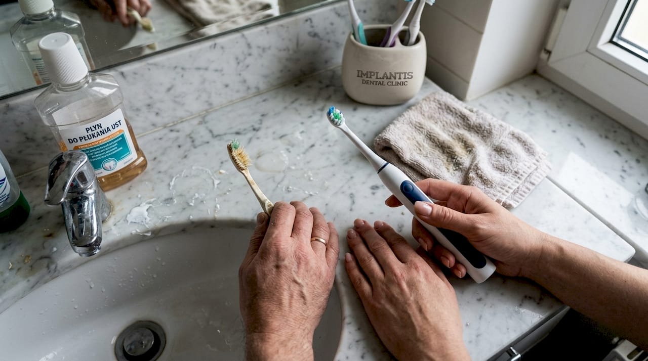 Ręce porównujące szczoteczki do zębów – tradycyjną i elektryczną