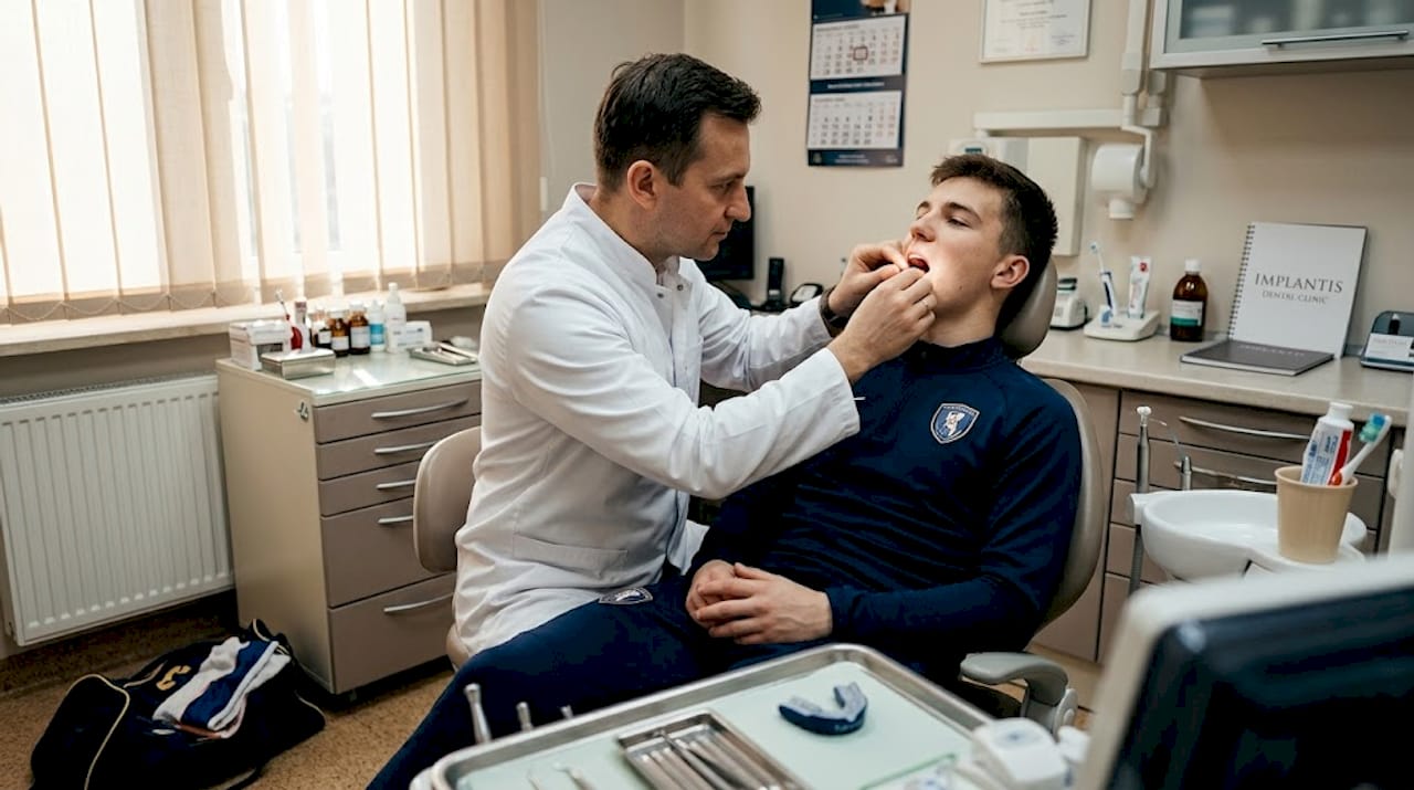 W gabinecie stomatologicznym dentysta dokładnie ogląda dziąsła sportowca.
