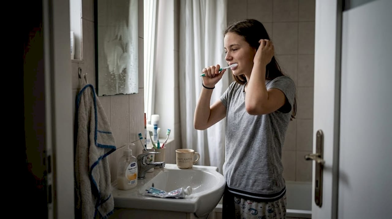 Dziewczyna starannie myje zęby przed wizytą u dentysty.