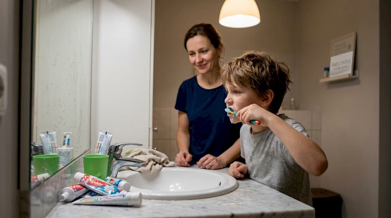 Dziecko myje zęby pod czujnym okiem mamy.