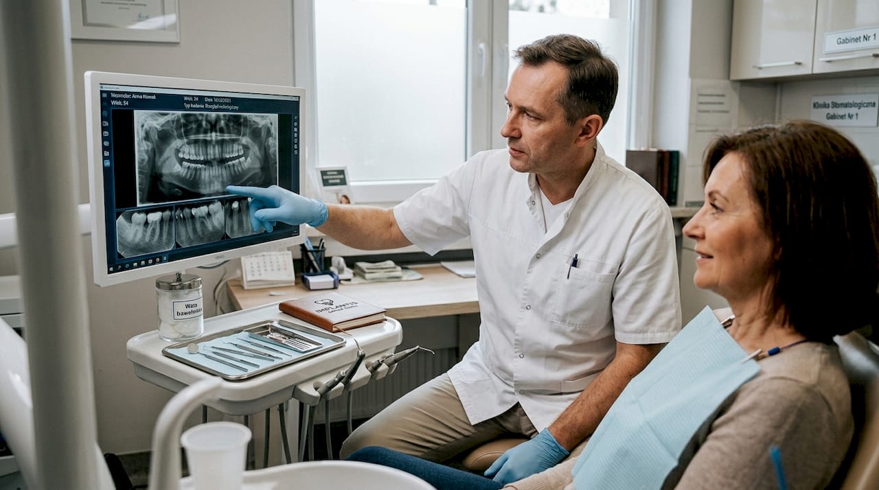 Dentysta omawia z pacjentem zdjęcie rentgenowskie