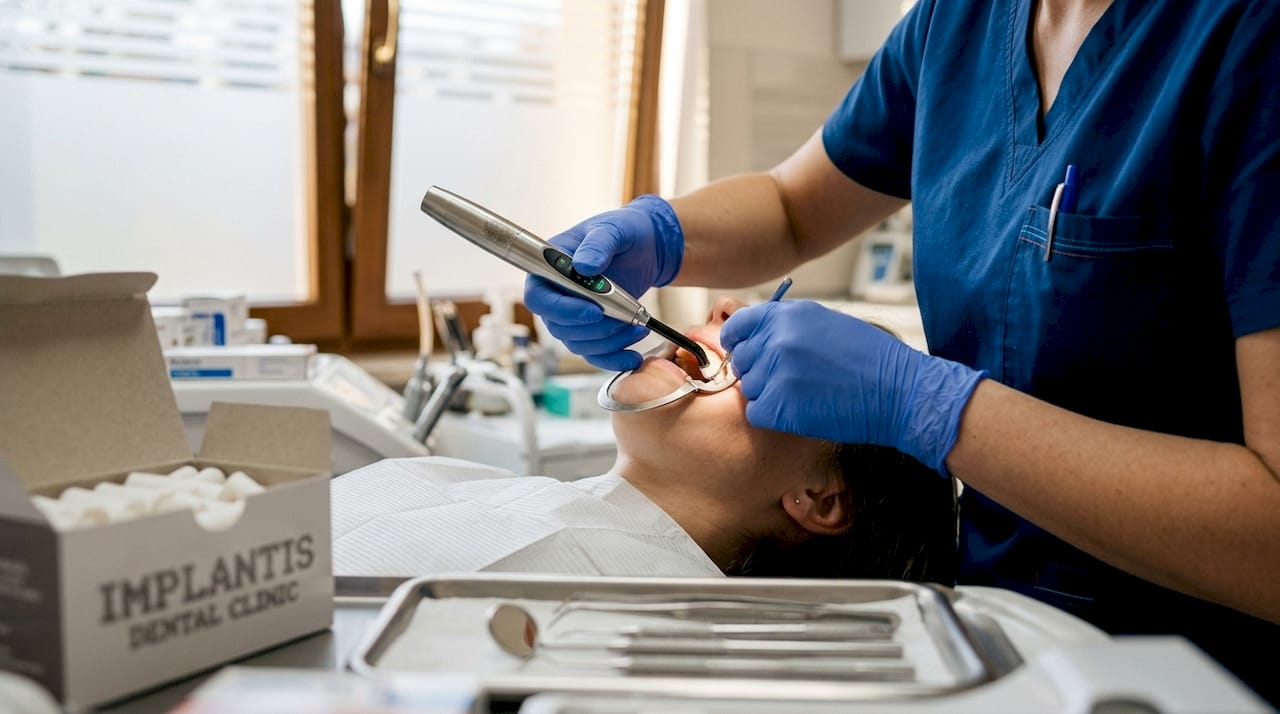 Higienistka zakłada wypełnienie kompozytowe podczas zabiegu stomatologicznego.