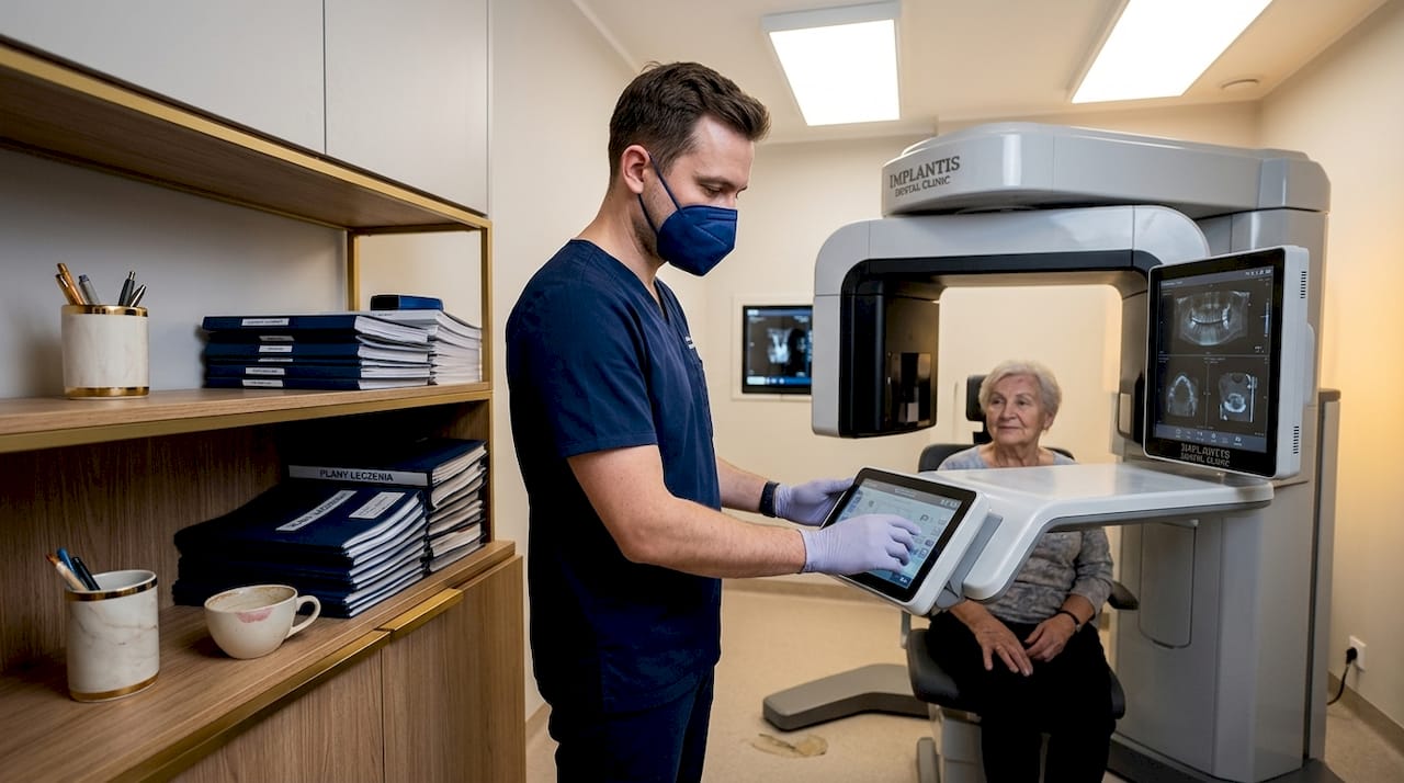 Technik dentystyczny przygotowuje pacjenta do wykonania tomografii.