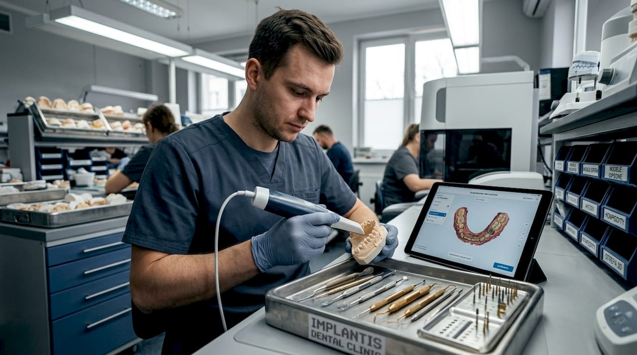 Technik dentystyczny wykonuje skanowanie modelu zębowego przy użyciu skanera wewnątrzustnego.