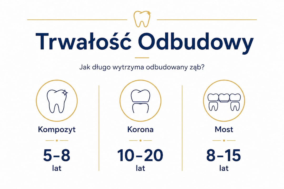 Grafika pokazująca, jak długo utrzymują się różne sposoby odbudowy zębów