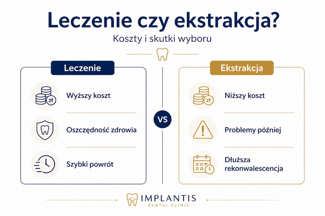 Grafika przedstawiająca różnice między leczeniem zębów a ich usuwaniem