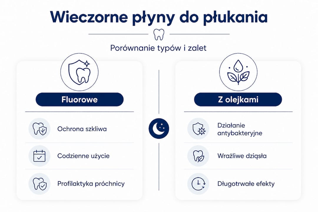 Grafika przedstawiająca zestawienie różnych rodzajów płynów do płukania ust