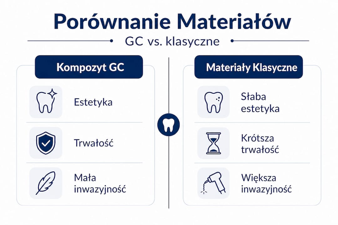 Infografika przedstawiająca zestawienie kompozytów GC z tradycyjnymi materiałami stomatologicznymi