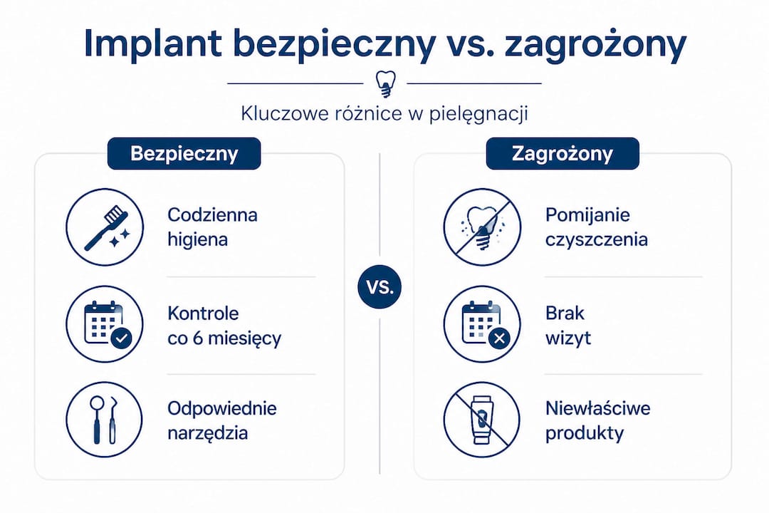 Infografika pokazująca różnice między prawidłową a niebezpieczną pielęgnacją implantów