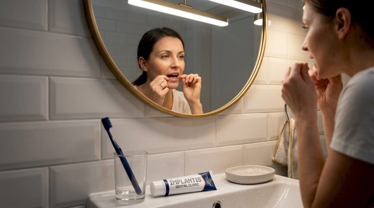 Kobieta czyści zęby nitką dentystyczną w domowej łazience.