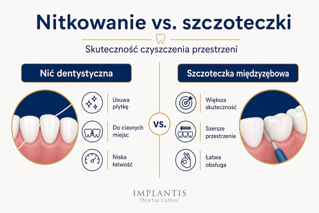 Infografika pokazująca różnice między nicią dentystyczną a szczoteczkami międzyzębowymi
