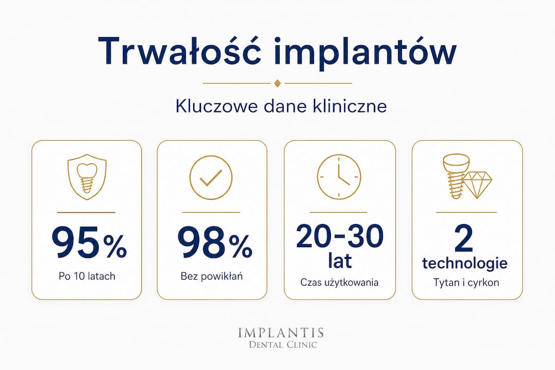 Infografika przedstawiająca statystyki dotyczące żywotności implantów