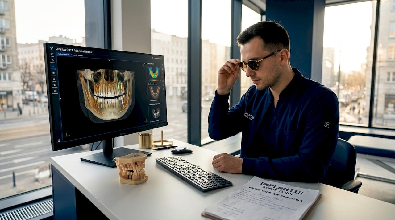 Stomatolog analizuje wynik tomografii CBCT wspomaganej przez sztuczną inteligencję.