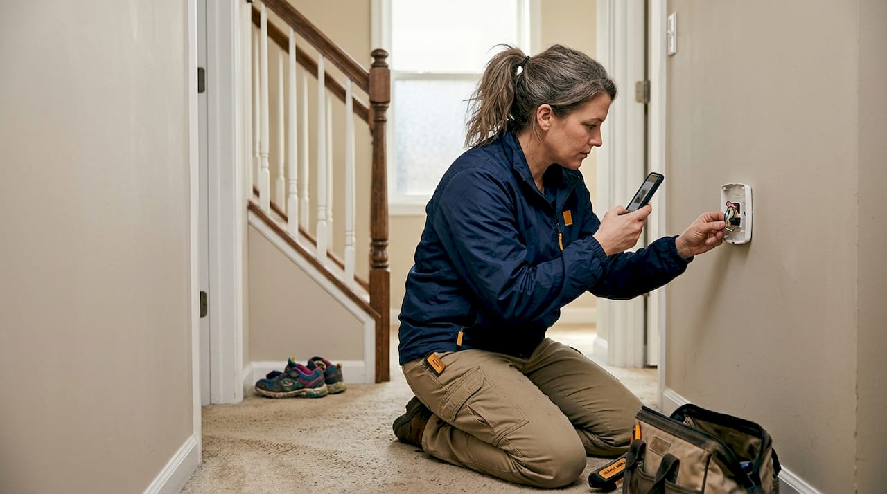 Technician documenting thermostat wiring during diagnostics
