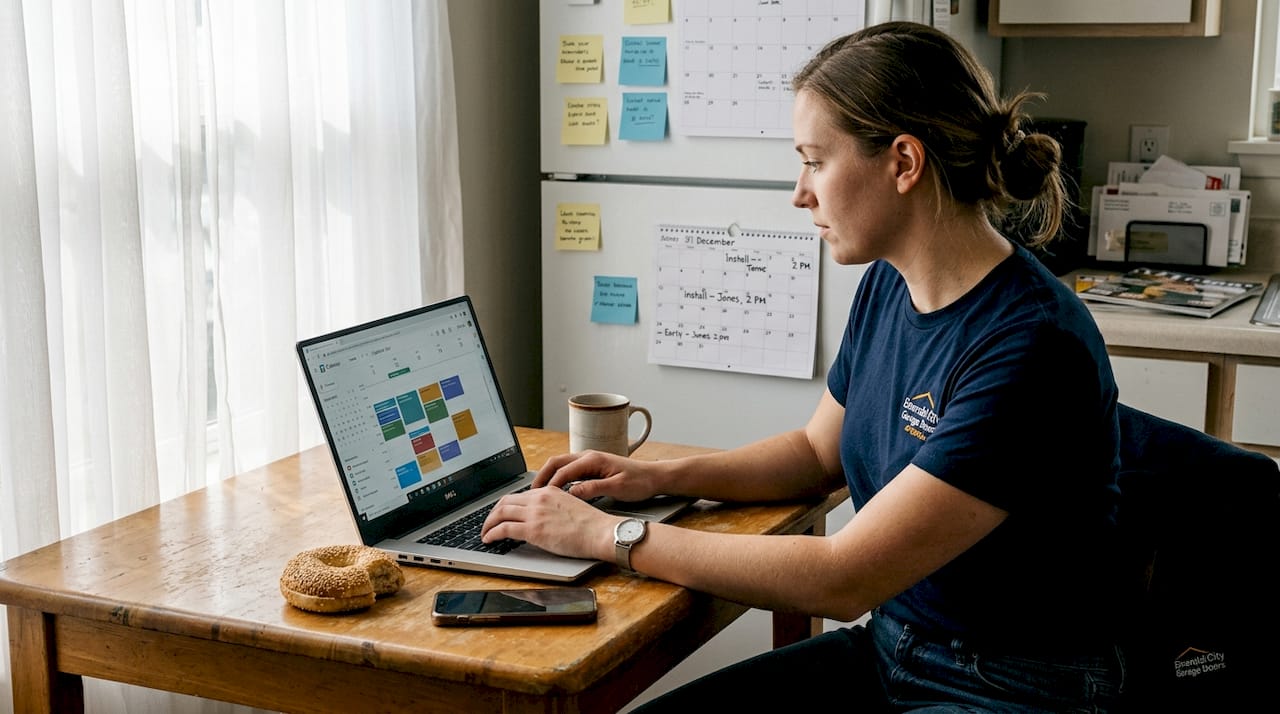 Technician uses laptop for online scheduling