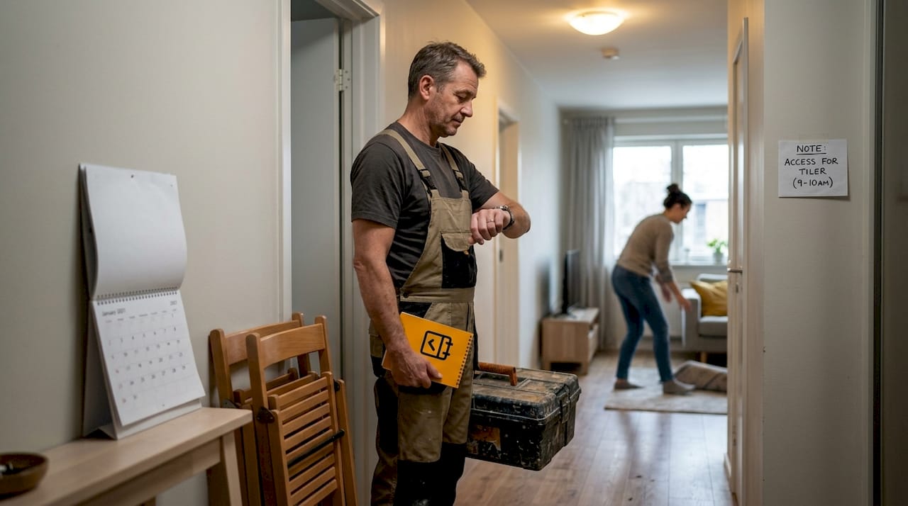 Tiler waits in hallway of occupied apartment