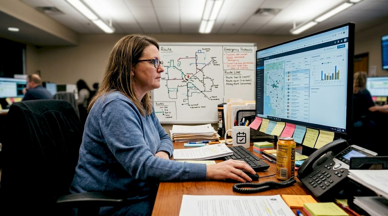 Dispatcher at desk managing digital schedule