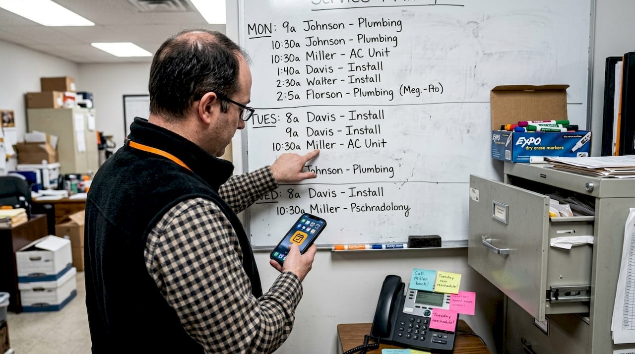 Manager reviewing appointment board and phone
